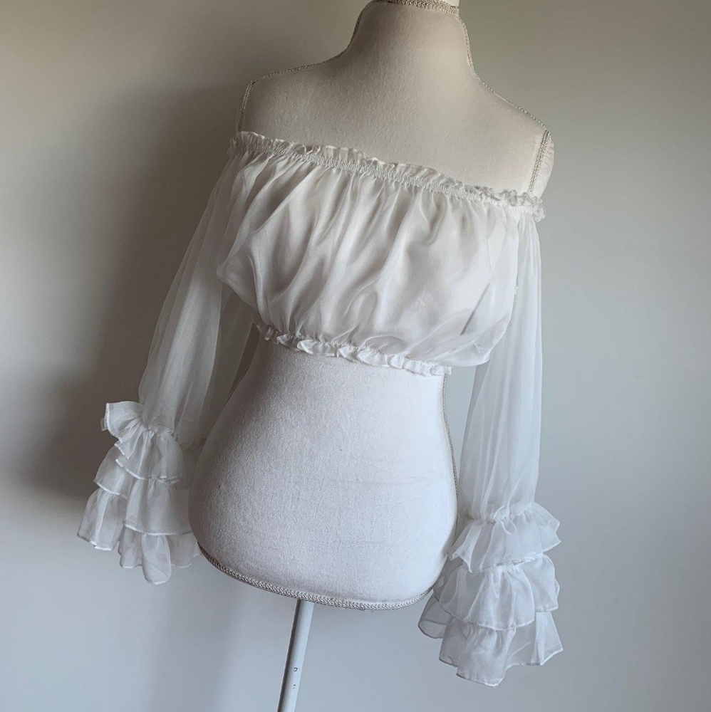 Sheer Ruffle-Sleeve Crop Top - Picture 2 of 4